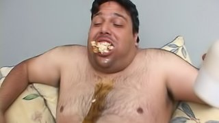 Disgusting fat guy covered in food fucks a hottie